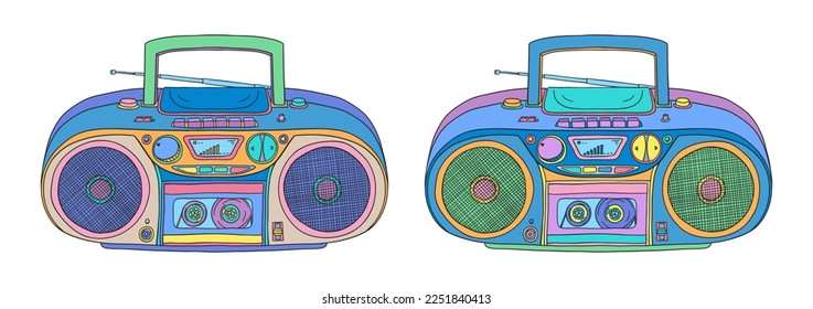 Boombox doodle. 2000s boombox. Y2k trendy illustration. Cassette music player. CD disk player. Millennial childhood technology. 90s and 2000s.