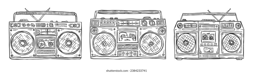 Boombox doodle. 80s boombox. 90s boombox simple sketch. Y2k trendy illustration. Cassette music player doodles. Quirky simple sketch vector. Retro technology.