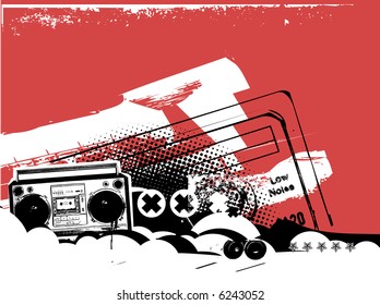 Boombox .  Grunge styled urban background in graffiti style.  Vector illustration.