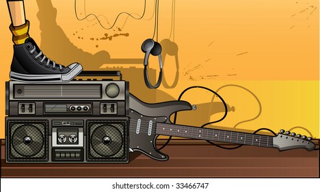 Boombox & guitar on the floor