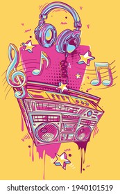 Boombox and headphones graffiti, colorful music design