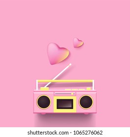 Boombox and hearts on pink background. Top view. Vector illustration