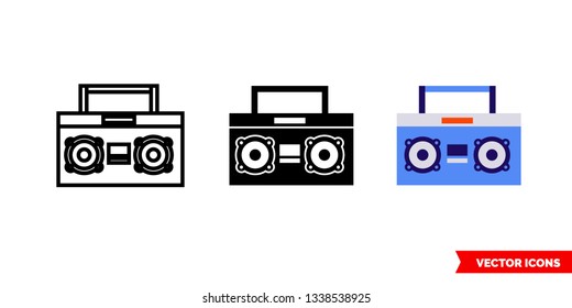 Boombox icon of 3 types: color, black and white, outline. Isolated vector sign symbol.