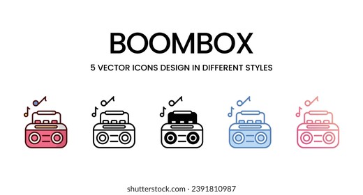 Boombox Icon Design in Five style with Editable Stroke. Line, Solid, Flat Line, Duo Tone Color, and Color Gradient Line. Suitable for Web Page, Mobile App, UI, UX and GUI design.