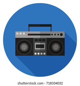 Boombox icon. Illustration in flat style. Round icon with long shadow.