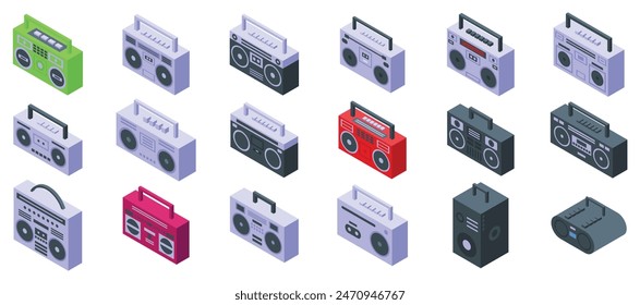 Boombox icons isometric set vector. A collection of different colored portable music players. The collection includes a variety of shapes and sizes, with some being more modern and others more retro