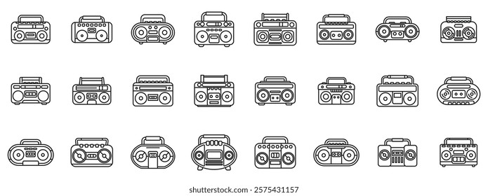 Boombox icons set. Line art icons representing various models of boombox, a portable cassette player and radio