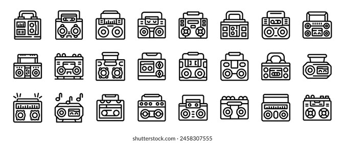 Boombox icons set outline vector. Music player. Song melody retro