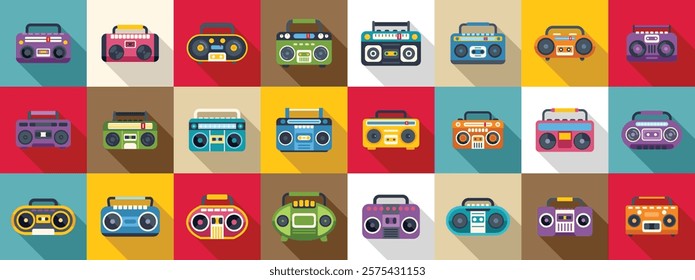 Boombox icons set. Retro boombox icons showcasing various colors and designs, symbolizing portable music culture