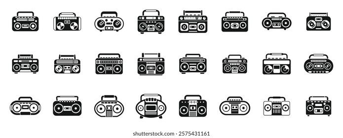 Boombox icons set. Set of various boombox icons showcasing different designs of portable cassette players, symbolizing music on the go