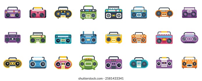 Boombox icons showcasing various designs and colors, representing portable music players