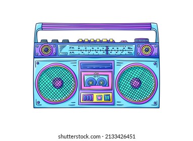 Boombox illustration. Cassette player. Retro cassette recorder. Music player. 90s style vector. 1990s trendy illustration. Nostalgia for the 90s.