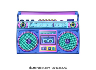 Ilustración de Boombox. Reproductor de cassette. Grabador de casete retro. Jugador de música. vector de estilo de los años 90. Ilustración de moda de los años 90. Nostalgia de los años 90.