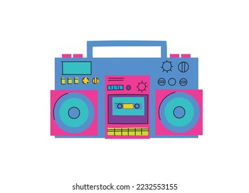 Boombox illustration. Cassette player. Retro cassette recorder. Music player. 90s style vector. 1990s trendy illustration. Nostalgia for the 90s.