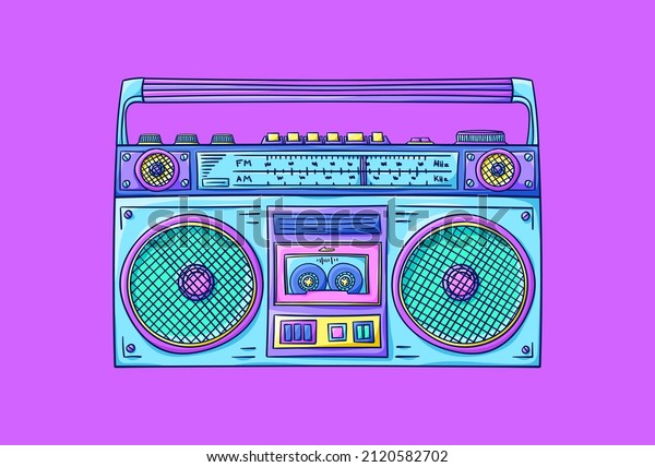 Boombox illustration. Cassette player. Retro\
cassette recorder. Music player. 90s style vector. 1990s trendy\
illustration. Nostalgia for the\
90s.