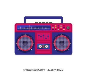 Objeto vectorial aislado Boombox. Dispositivo retro de grabadora de audio de 80 y 90. Ilustración plana de coloridos equipos musicales de moda sobre fondo blanco.