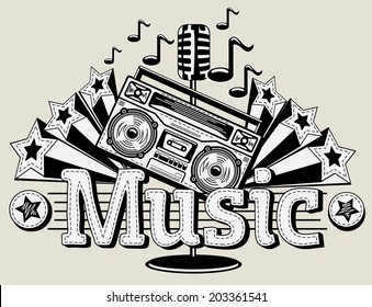 Boombox, microphone and stars monochrome music emblem