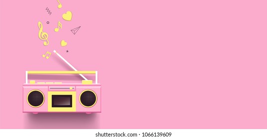 Boombox and music notes on pink background. Top view. Vector illustration