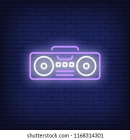 Boombox neon sign. Luminous signboard with tape recorder. Night bright advertisement. Vector illustration in neon style for music, urban culture