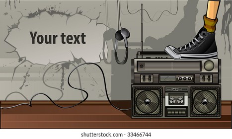 Boombox on the floor with text