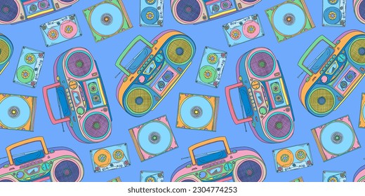 Boombox pattern. 2000s boombox. Y2k trendy illustration. Cassette music player. CD disk player. Retro background. Nostalgia for the 90s and 2000s.