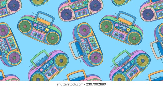 Boombox pattern. 2000s boombox. Y2k trendy illustration. Cassette music player. CD disk player. Retro background. Nostalgia for the 90s and 2000s.