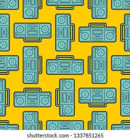 Boombox pattern seamless. Retro recorder ornament. Cassette tape background