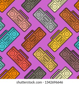 Boombox pattern seamless. Retro recorder ornament. Cassette tape background