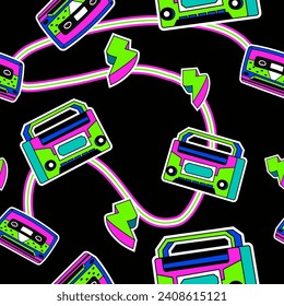 Boombox portable device for listening and recording music and flash bolt. Composition of modern objects, sale on gadgets. Seamless pattern, wallpaper print or background. Vector in flat style