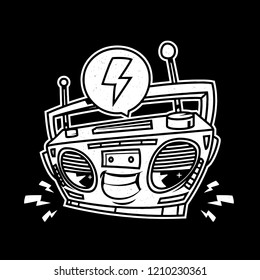 Boombox print shirt lightning break dance hip hop music vector black and white bw illustration smile character design face tape ghetto blaster fashion trend tattoo native stamp vintage