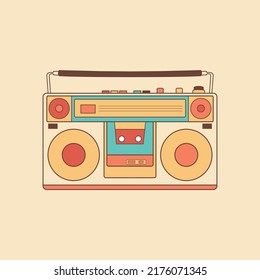 Boombox Radio cassette player music retro vintage vector illustration isolated on yellow background. Design for logo, label, emblem, sign, badge, poster, t-shirt, cloth, fabric, paper, textile.