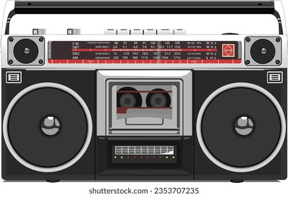 Ilustración de la grabadora del reproductor de cassette de radio Boombox. Ilustración de cassette. Ilustración del reproductor de casetes retro. Ilustración de instrumentos musicales.