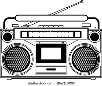 boombox radio tape outline black and white retro illustration vector