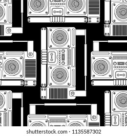 Boombox retro pattern seamless. tape recorder Vector background. Disco stereo texture

