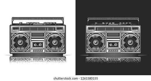 Boombox. Retro portable stereo radio cassette player. Monochrome vector illustration, on white and dark background.