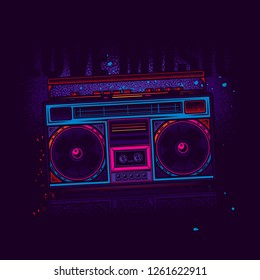 Boombox. Retro portable stereo radio cassette player. Original vector illustration in neon style.