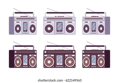 Boombox for smartphone set in grey and black color, stream music from phone device, music for youth outdoor entertaining, different positions, isolated on white background