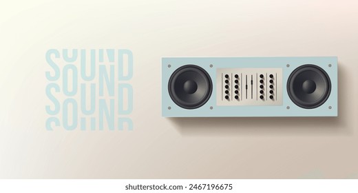 Boombox sound speaker 3d vector. Old fashioned box with vintage tuner buttons. Dance loud music festival, fm radio dj station. Professional broadcast equipment. 90s karaoke realistic media concept.