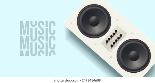 Boombox sound speaker 3d vector icon. Old fashioned box with vintage tuner buttons. Dance music festival, fm radio dj station. Professional broadcast equipment. Podcast listening electronic device