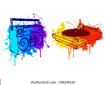 Boombox and turntable.