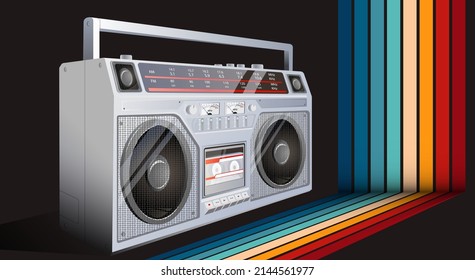 Ilustración vectorial Boombox. Tecnología de los 80. Reproductor musical de los años 90. Fondo de pantalla de boombox de estilo retro de los años 90.