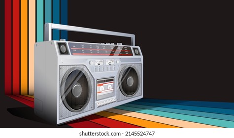 Ilustración vectorial Boombox. Tecnología de los 80. Reproductor musical de los años 90. Fondo de pantalla de boombox de estilo retro de los años 90.