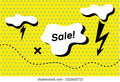 Boom,comic speech bubble. Banner sale poster and sticker concept, memphis geometric style with text.Message with cloud talk for web.Vector Illustration.lightning on yellow