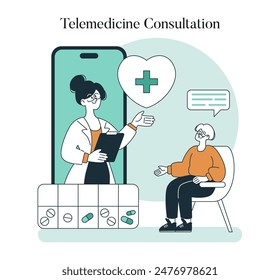 Boomer Health. Un adulto mayor participa en una consulta de telemedicina con un doctor a través de un App de teléfonos inteligentes. Accesibilidad sanitaria moderna. Ilustración vectorial.