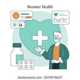 Boomer Health concept. An older adult with medical icons representing wellness and healthcare. Monitoring heart rate and medication management. Vector illustration.