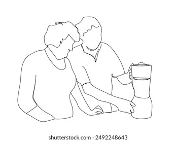 Boomer Health Concept. One continuous line Senior couple prepares a heart-healthy meal in a modern kitchen, highlighting wellness and nutrition. Vector illustration.