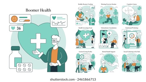 Conjunto Boomer Health. Estilo de vida de envejecimiento activo con ejercicio, nutrición, actividades cognitivas y atención médica. Servicios comunitarios de apoyo y telemedicina. Ilustración vectorial.