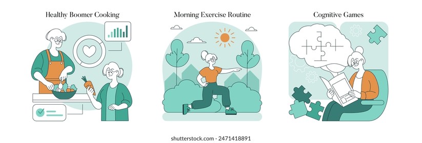 Boomer health set. Showcasing daily senior activities for wellness including cooking, exercise, and mental engagement. Nurturing lifestyle choices. Vector illustration.