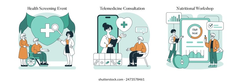 Boomer Health set. Various healthcare services for seniors including screenings, telemedicine, and nutrition. Elderly wellbeing and modern medical support. Vector illustration.