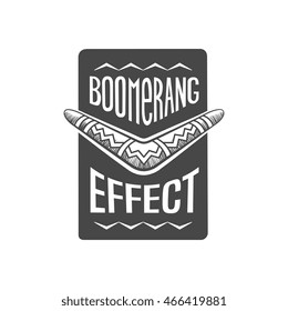 boomerang effect logotype, vector graphic art shape, monochrome retro style badge design, illustration isolated on white background.